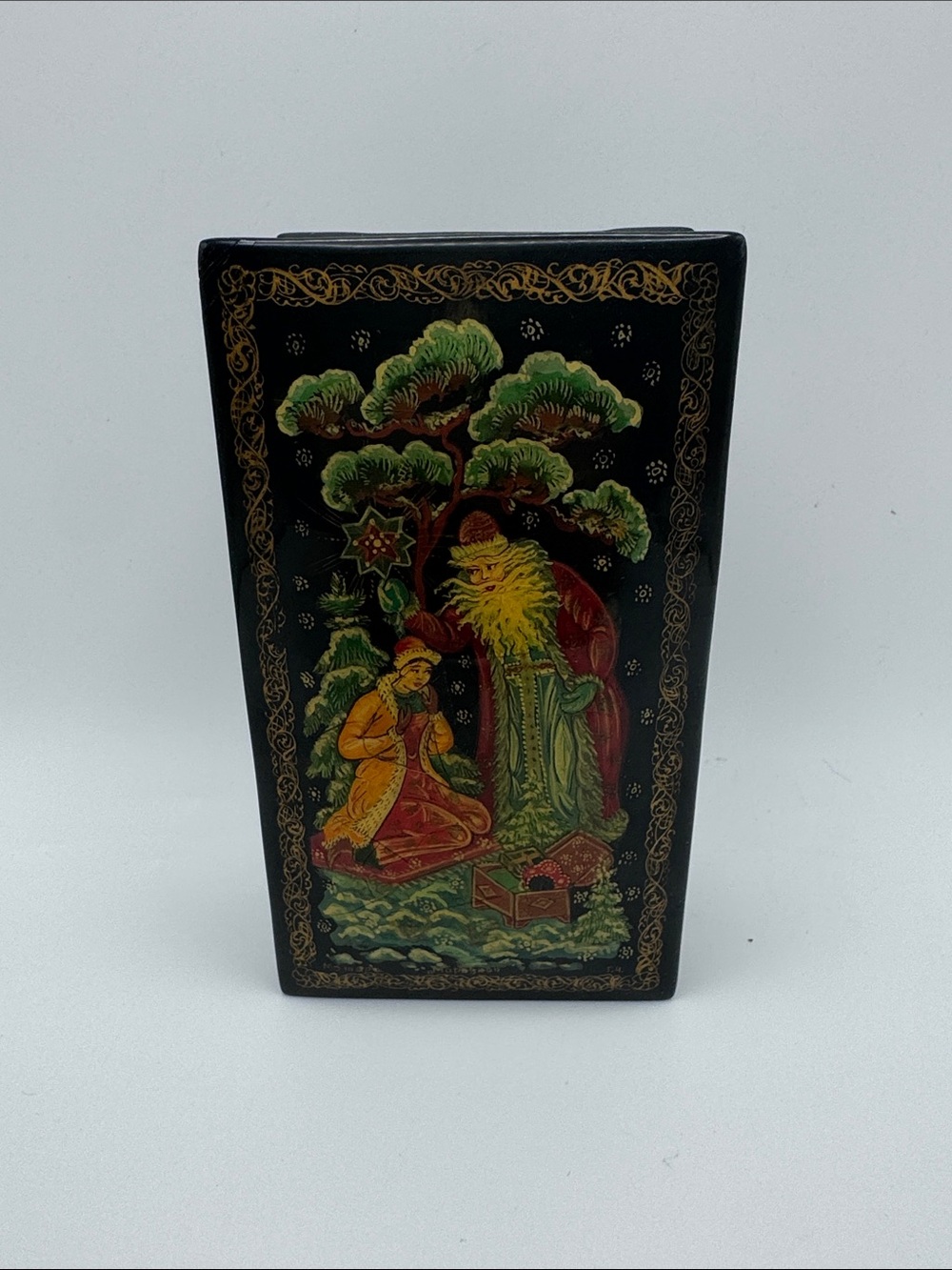 Hand-Painted Black Russian Lacquer Box Green Gold Accents Fairy Tail Signed Box